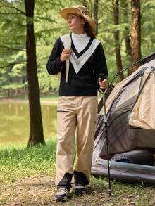 In My Nature Damen V-Ausschnitt Langarm Kontrast Farbblock Pullover Sweater, Herbst/Winter - Schwarz und Weiss - Übersicht 6