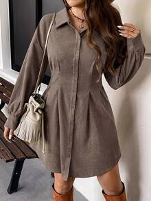 SHEIN VCAY 秋冬大码束腰开衫式休闲复古连衣裙 - 咖啡棕 - 查看 4