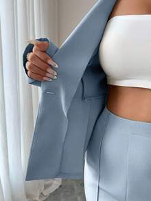 Elenzga 优雅束腰套装，时尚通勤喇叭裤，适合节日、约会、独立日、女教师装 - 淺藍色 - 查看 6