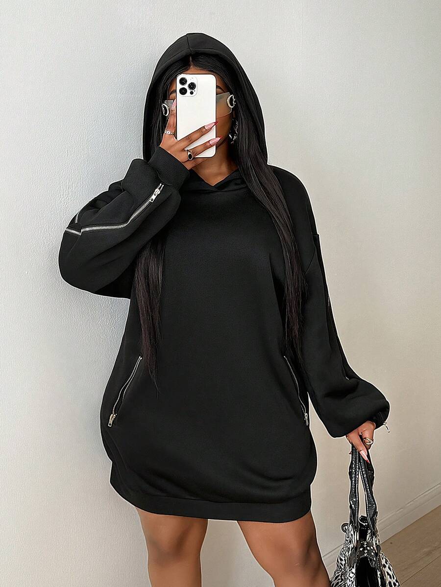 Maweii فستان بلوفر قصير فضفاض بسحاب وكابوشون بأكمام طويلة ذو لون أحادي، مناسب للخروجات والتنقلات اليومية للمرأة ذات المقاسات الكبيرة