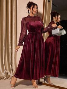 Cravure Gaun Wanita Ukuran Besar Elegan dari Beludru Jala dengan Lengan Mengembang, Pinggang Terikat, Cocok untuk Pesta Musim Gugur - Burgundy - View 10