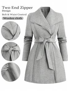 SHEIN Clasi Große Größen einfarbiger Mantel mit geraffter Taille und Reißverschluss, warm für den Winter