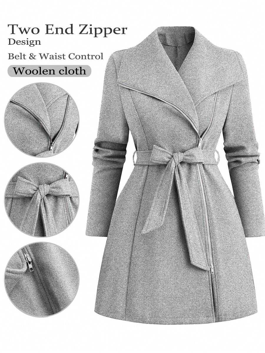 SHEIN Clasi Große Größen einfarbiger Mantel mit geraffter Taille und Reißverschluss, warm für den Winter