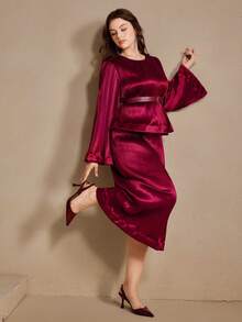 Anewsta Autumn/Winter Burgundy Vintage Ruffle Hem Pleated Plus Size Women's Mid-Length Dress - Burgundy - View 1