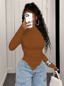 BamGleam 休闲纯色立领不对称下摆长袖 T 恤 - 棕色 - 查看 3