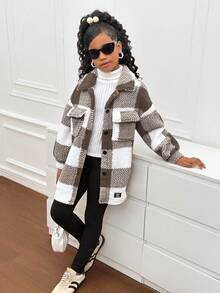 SHEIN Tween Girl Casual Plaid Reversible Fleece Warm Mid-Length Jacket, Long Sleeve Knit Top And Leggings Tween Girl Winter Outfits Girls - Khaki - View 5