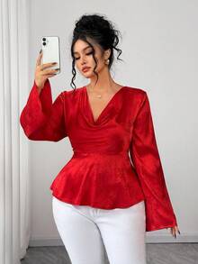 Elenzga 加大码宽肩领长袖提花褶皱腰A字形荷叶边下摆优雅衬衫，适合工作、约会、派对 - 紅色 - 查看 4