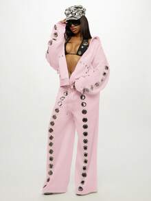 SUMWON WOMEN 超大号垃圾摇滚风格孔眼连帽衫，配有孔眼细节，节日街头风格拉链运动衫，配有抽绳腰带，秋冬风格夹克 - 淺粉色 - 查看 4