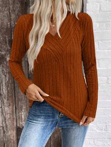 EMERY ROSE LUNE V-Ausschnitt Damen Top mit aufgerauter Rippung, Herbst/Winter