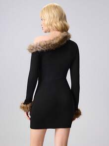 ROMWE Grunge Punk Đầm ôm sát cổ lông chéo vai thời trang nữ - màu đen - Xem 4