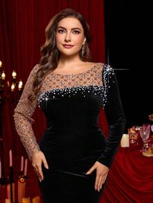 Glamrae Abito lungo elegante e romantico con patchwork in velluto nero, decorato con perline di lusso, maniche lunghe asimmetriche e orlo a sirena con strascico, adatto per matrimoni, feste, celebrazioni e occasioni formali - nero - Visualizzare 3