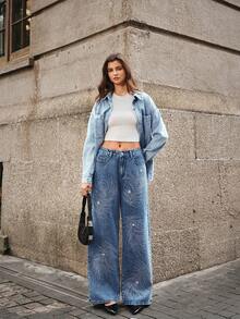 Selenza Quần jeans nữ dáng rộng thanh lịch đính lông vũ và đá giả, hàng mới về - Rửa trung bình - Xem 6