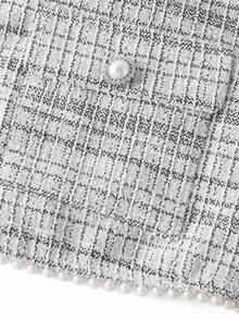 Ellevyn 女士珍珠纽扣针织开衫长袖外套和格子方领收腰修身 A 字连衣裙两件套，适合秋冬季日常、通勤、外出穿着 - 黑與白 - 查看 9