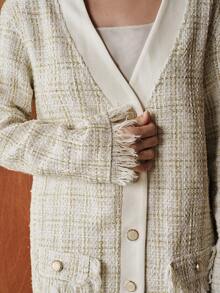 Uhlyne Chaqueta vintage de punto texturizado con cuello en V y flecos, de colores mixtos, para otoño/invierno