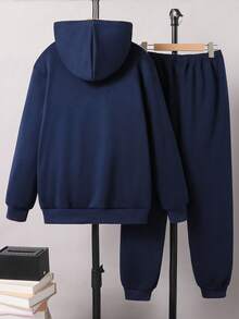 SHEIN 2件套青少年男孩休闲字母印花连帽衫和运动裤套装，秋冬 - 藍色 - 查看 2