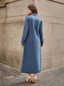 Selenza Women's Cuffed Sleeve Single-Breasted Pocket Design Casual Denim Dress