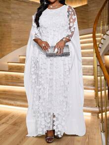 SHEIN CURVE+ 女士大码优雅礼服，适合春、夏、秋、冬各季节的派对、婚礼、鸡尾酒会、音乐会/音乐节等场合。白色针织/梭织大圆领飘逸长袖，可定制大码尺寸。 - 白色 - 查看 3