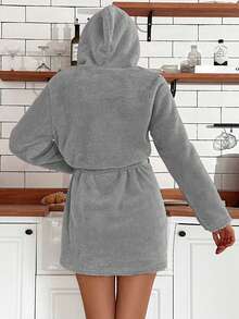 RueChic Cartoon Embroidery Hooded Belted Flannel Robe - Dusty Blue - View 2