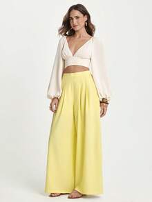 CAJUNI Women's Light Yellow Extra Long Holiday Casual Summer Trousers Beach Pants - Pale Yellow - View 7