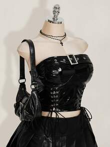 SHEIN ICON Y2k 女式加大码乡村音乐会嬉皮士黑色哥特 PU 鸡眼系带短款紧身胸衣上衣，时尚 - 黑色 - 查看 3