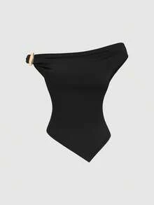 Sweetra Women's Summer European And American Fashion Solid Color 3 Pieces Set, Metal Decor Twist Hem Asymmetric Hem Fitted Casual Commuter Versatile T-Shirt