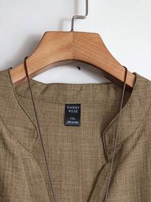 Rusticease 大码女式纯色V领卷袖衬衫，女式西装 - 卡其色 - 查看 6