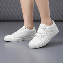 Tenis para hombre resistente fácil de limpiar punta redonda cordones suela plana estilo urbano casual uso diario tenis - Blanco - Ver 3
