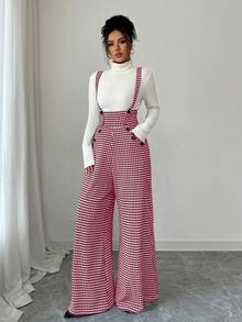 Elenzga Bộ đồ liền thân thường ngày có túi thiết kế nút Houndstooth dành cho nữ - Màu Đỏ Sâu - Xem 4