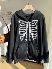 SHEIN EZwear Sudadera con cremallera de talla grande con estampado de esqueleto para Halloween, sudadera de esqueleto, sudadera de Halloween, sudadera con cremallera negra, sudadera gótica para invierno, otoño - Negro - Ver 1
