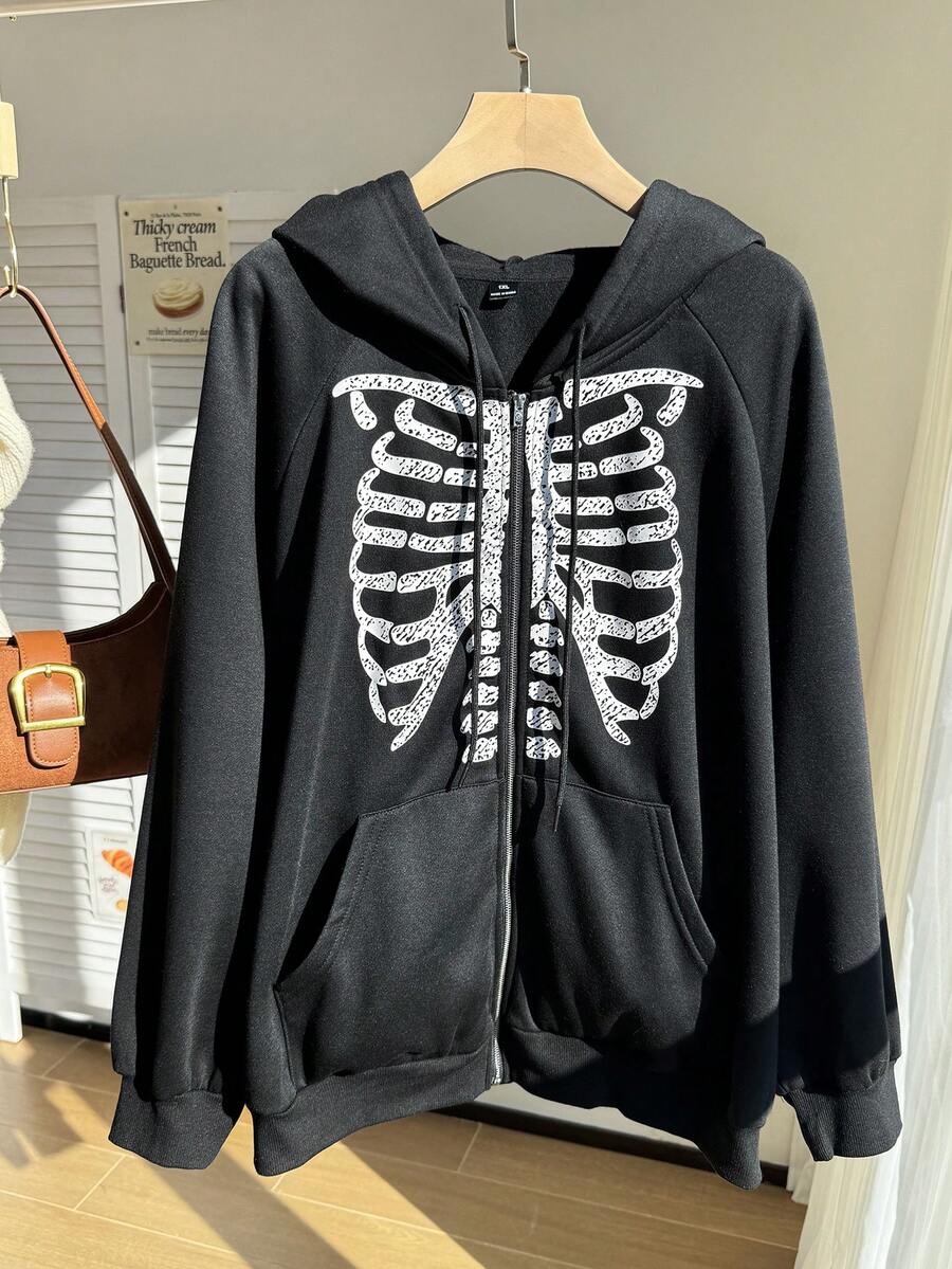 SHEIN EZwear Sudadera con cremallera de talla grande con estampado de esqueleto para Halloween, sudadera de esqueleto, sudadera de Halloween, sudadera con cremallera negra, sudadera gótica para invierno, otoño - Negro - Ver 1