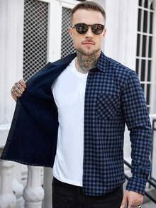 Manfinity CasualCool Áo sơ mi nam dài tay kẻ caro cài một hàng khuy, kiểu dáng casual, có túi, màu xanh dương nhạt, chất liệu flannel, thích hợp cho nam giới, áo sơ mi nam, áo khoác kẻ caro phong cách grunge. - Nhiều màu - Xem 6