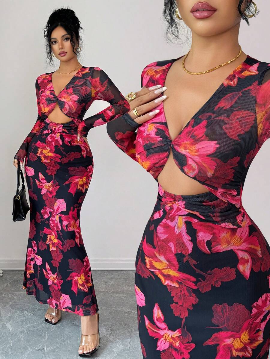 Rafferiza Vestido elegante y sexy para fiestas, reuniones navideñas y ocasiones casuales, con manga larga, estampado, cintura retorcida y diseño hueco de malla para mujeres - Negro - Ver 1