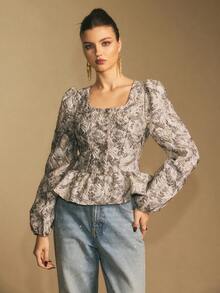 Poéselle Áo peplum hoa cổ điển dành cho nữ – Áo cổ vuông tay bồng cài nút, Áo peplum hoa giản dị, sang trọng, thích hợp cho tiệc Giáng sinh, mùa thu/đông, năm mới - màu đen - Xem 3