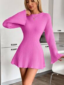 EURMUSE MINI WOOL DRESS WITH BELL-STRIPED SLEEVE ,Petite Women - Pink - View 4