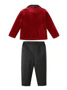 SHEIN Baby Boy Burgundy Velvet Blazer Jacket & Black Pants Outfit,Gentleman Suit For Wedding Guest,Formal,Summer,Black And White,Toddler Birthday Suit,2pcs - Red - View 2