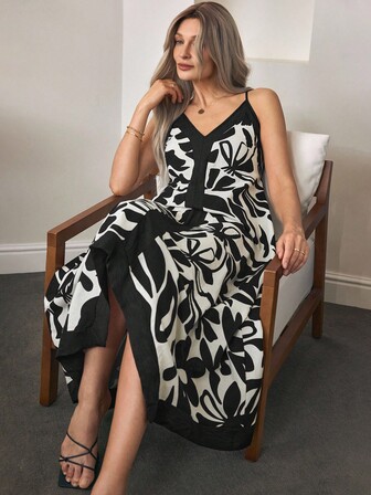 Aalyst Vestido Casual Longo de Slip Estampado com Floral, Adequado para Férias