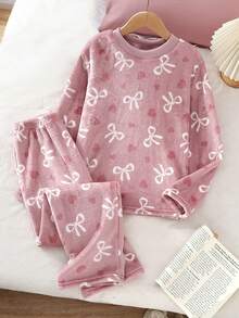 Genkimix Kids 2pcs Girls Bow & Heart Print Fleece Long Sleeve Top And Pants Casual Comfortable Pajama Set Soft Pajama Set Long Sleeve Pajama Sets For Teen Girls Teen Girls Loungewear Set Pj Sets Teen Tween Pjs Set Fall Winter