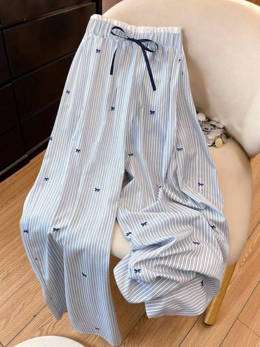 SHEIN Clasi 大码女式休闲蝴蝶结条纹印花撞色宽松纸袋腰阔腿裤