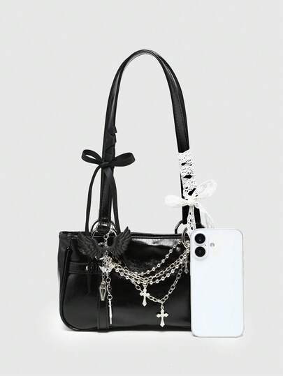 Goth Women's Vintage Gothic Cross Chain Detail Shoulder Bag With Cross Decoration,Fashionable Niche Design, Steampunk, Goth Bag For Women, Cool Street Wear, Perfect For Music Festival, Concert, Rock Style Bag For Women, School, 2000s Fashion Style Bag For Women, Halloween, Halloween Purse Perfect For Fancy Party Halloween Fashion & Gothic Fashion, Best Halloween Gifts For Women