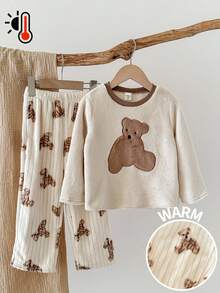 LMoss Kids LMoss Young Boy 2pcs Cute Bear Pattern Ribbed Crew Neck Long Sleeve Top And Soft Fleece Pants Pajama Set, Autumn/Winter, Boy Two Pieces Set, Bear Pajamas, Brown Pajama Set, Brown Pj Set, Cozy Fall & Winter Styles, Winter