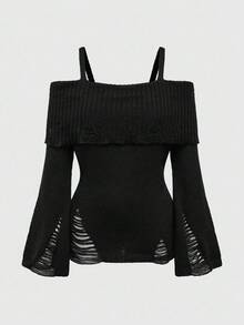 ROMWE Goth Plus Size Women's Off Shoulder Distressed Design Fitted Ribbed Knit Tank Top, Punk Style, Halloween