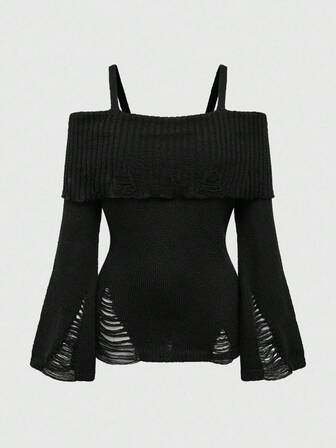 Goth Plus Size Women's Off Shoulder Distressed Design Fitted Ribbed Knit Tank Top, Punk Style, Halloween