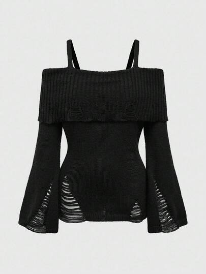 Goth Top de punto acanalado ajustado con diseño desgastado y hombros descubiertos, estilo punk, para Halloween, tallas grandes para mujer