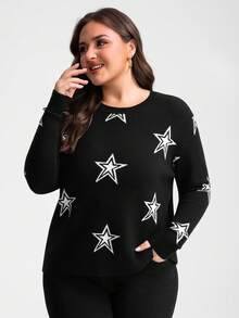 INAWLY Blusa de malha plus size feminina com logotipo Five Star, preta e branca - Preto e Branco - Ver 5