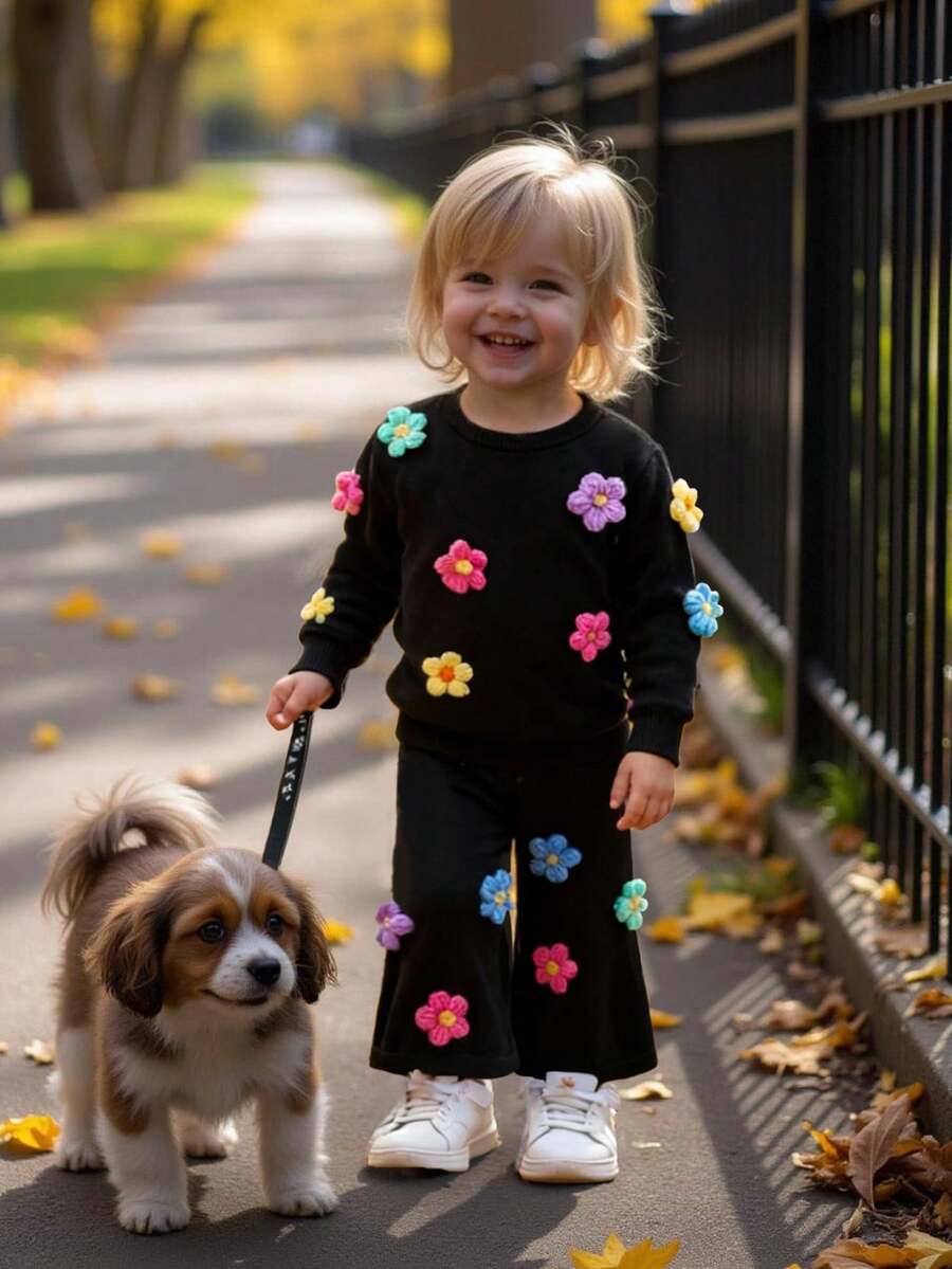 SHEIN Bộ đồ bé gái thời trang thanh lịch, dễ thương, thường ngày, áo len kẻ caro màu đen, họa tiết hoa 3D nổi bật, kiểu dáng rộng rãi, vai rớt, gồm áo len và quần, thích hợp mặc mùa thu đông. Áo len đen hai mảnh, họa tiết hoa 3D, thiết kế thời trang hiện đại, có thể mặc trong nhà và ngoài trời, kiểu dáng đơn giản, phù hợp cho mặc trong nhà, ngoài trời, hàng ngày, thể thao, vui chơi, tiệc tùng, chụp ảnh, kỳ nghỉ, lễ hội. - Nhiều màu - Xem 1