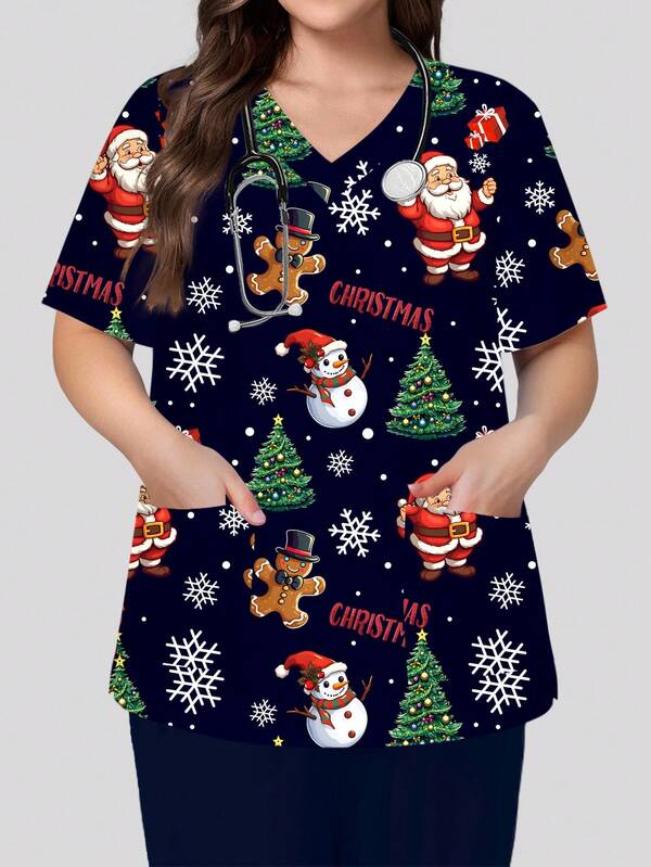 PopScrub Plus Size Christmas Navy V-Neck Short Sleeve Double Pocket Side Slit Cute Santa Claus, Snowman, Gingerbread Man, Star, Snowflake, Santa Hat, Christmas Gift, Cartoon Print Nurse/Doctor Uniform Top/ Examination Surgical Uniform/Solid Color Pet Grooming Workwear Top/Nutritionist Scrubs Short Sleeve/Multi-Pocket Functional Work Uniform, Festive Women Clothing For Christmas, Christmas Decoration, Adorable, Joyful