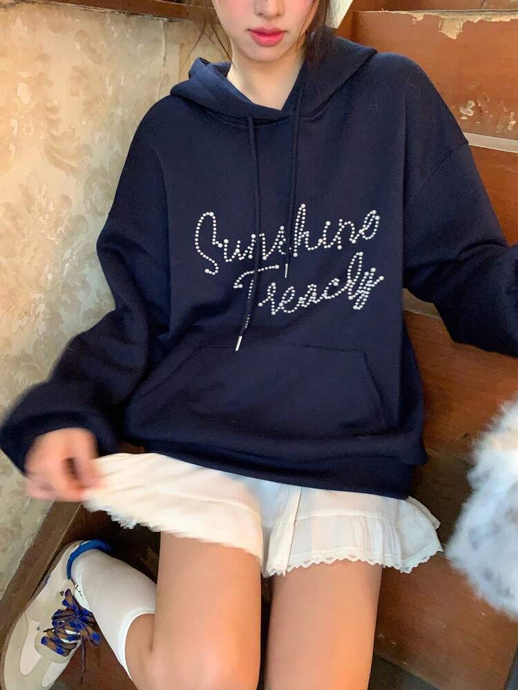 Women's Autumn/Winter Hooded Fleece Faux Pearl Decor Letter Loose Casual Sweatshirt Hoodies