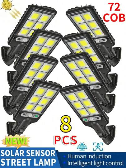 1/2/4/6/8pcs Solar Outdoor Lights, 7700W 6-Panel 72 COB Lamps, Yard Wall Lamps, Y Outdoor Camping Lights, Solar Landscape Lights, Black Shell White Light, 18650 High Capacity Battery, ABS Material, 3 Dimming Modes. Long-Lasting Illumination Outdoor Wall Lamp, Waterproof, Commercial Lighting, Adjustable Motion Sensor And Remote Control, Suitable For Commercial Streets, Home Yards, Outdoor Pathways, Gardens, Garages, And Decorative Lighting