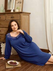 Plus Size Navy Blue Lace Trim Elegant & Comfortable Nightgown, Winter