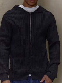 Musero Zip Through Fitted Knit Hooded Long Sleeve Cardigan Jumper Winter - Black - View 2